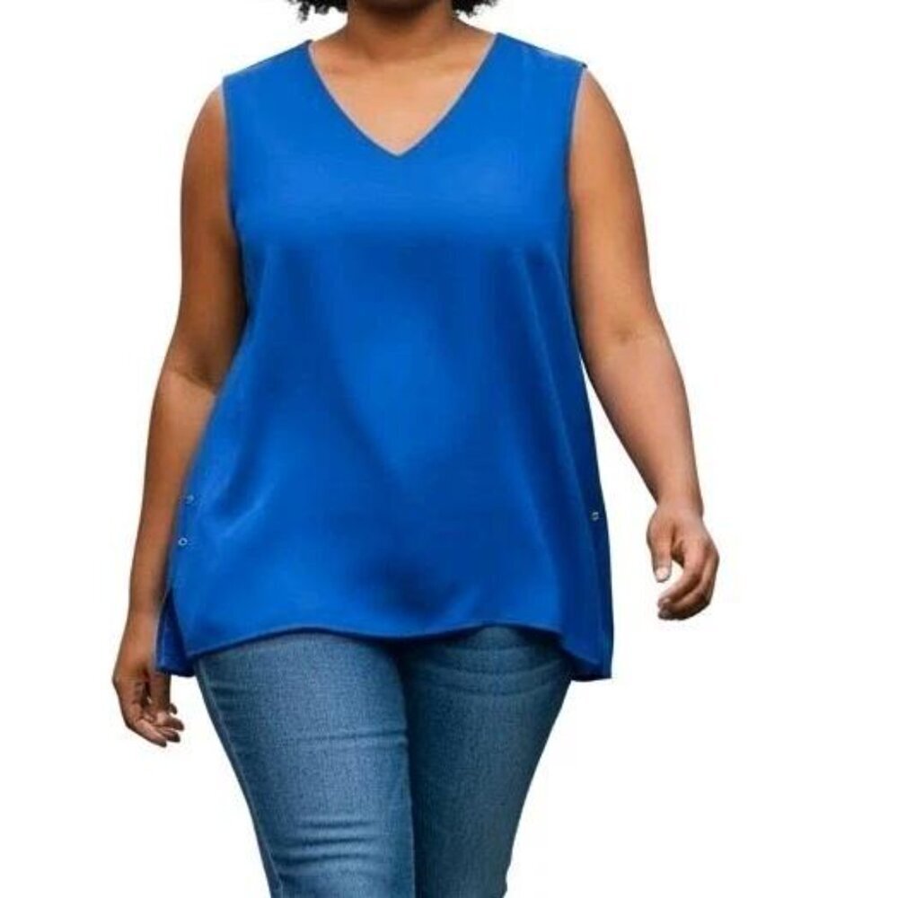 Lane Bryant Blouse Size 28P Blue Sleeveless V Neck High Low Lightweight Pullover